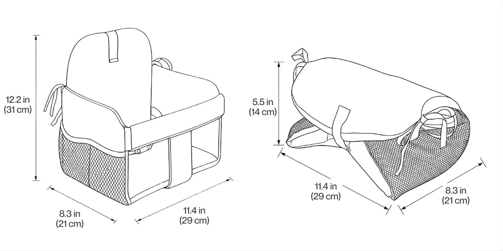 Dimension drawing: 31 cm high open, 29 cm wide, 21 cm deep and 14 cm folded