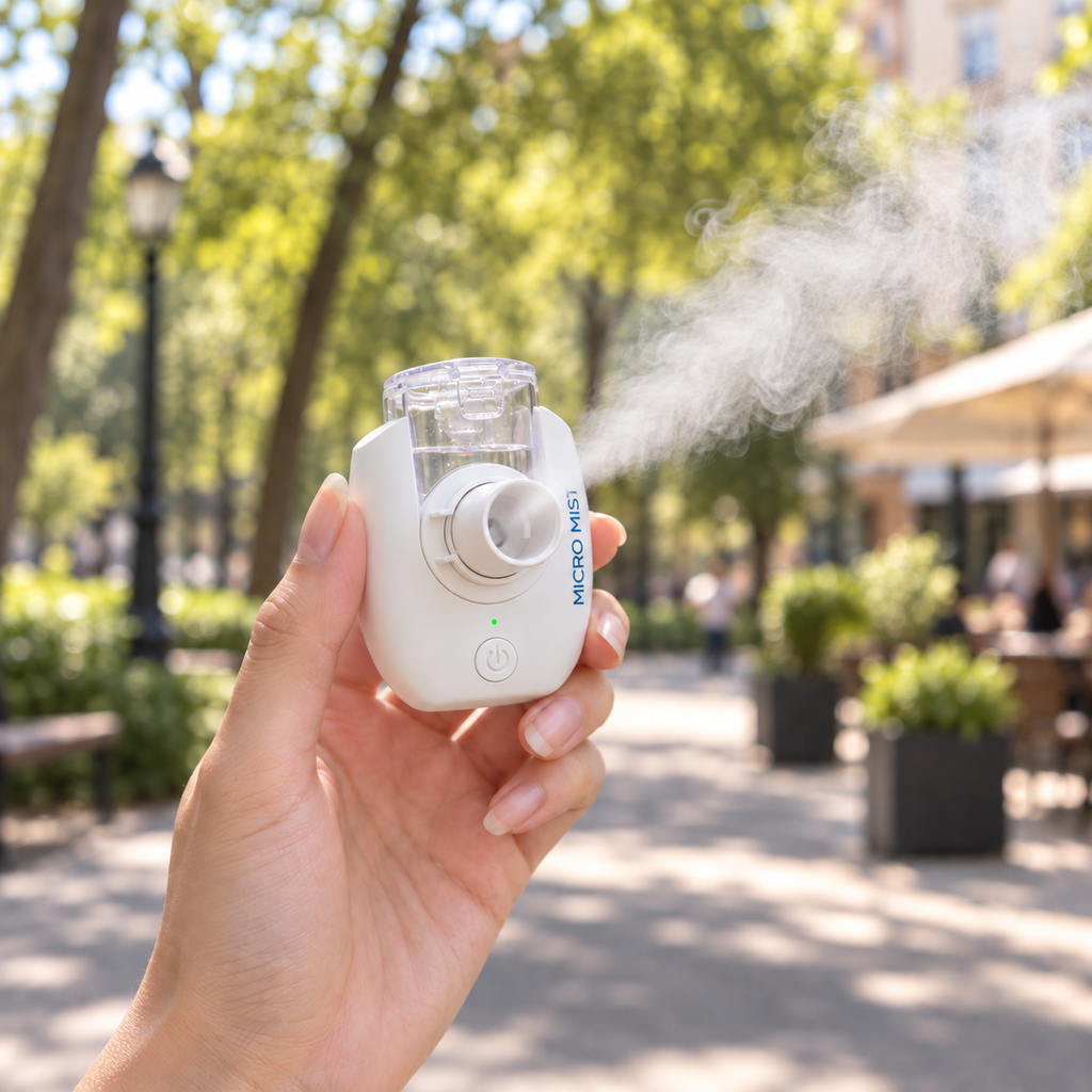 Hand holding the nebulizer outdoors with a plume of fine mist