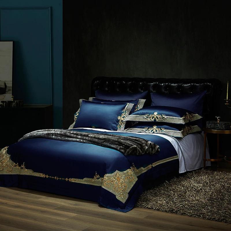 Mitternachtsblaues goldenes Jacquard-Bettbezug-Set