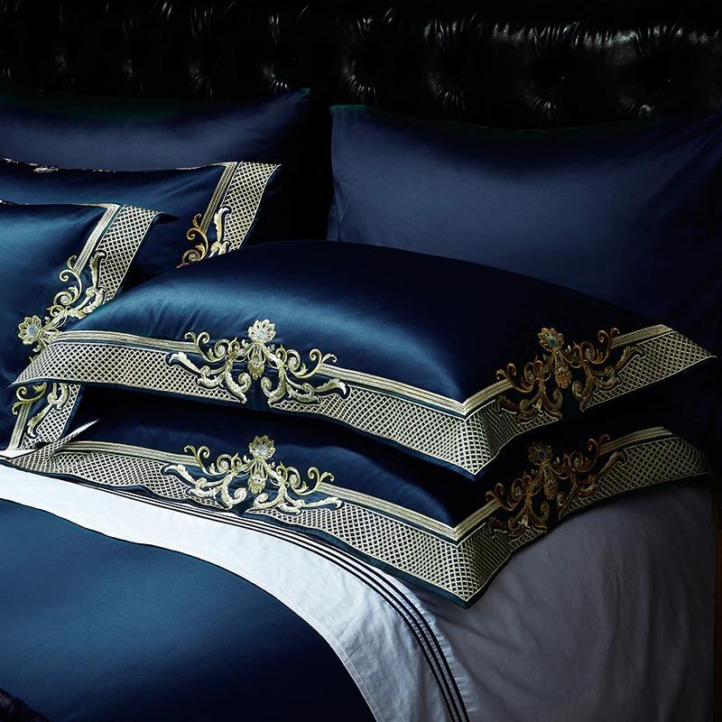 Mitternachtsblaues goldenes Jacquard-Bettbezug-Set