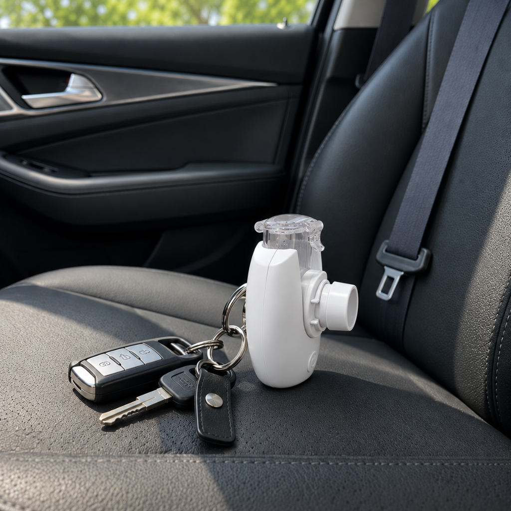 Nebulizer clipped to a car keyring on a car seat