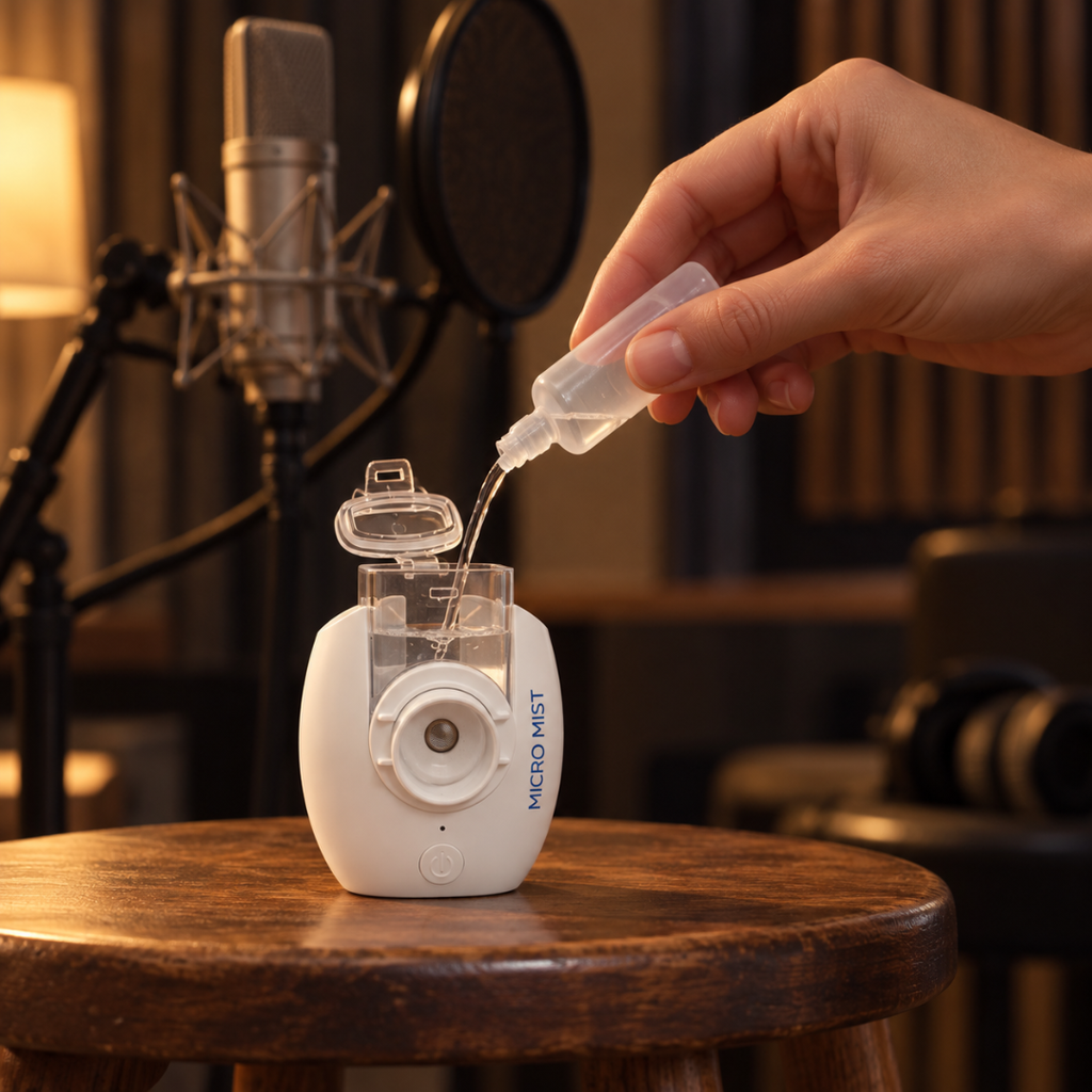 Filling the nebulizer on a small table in a recording studio