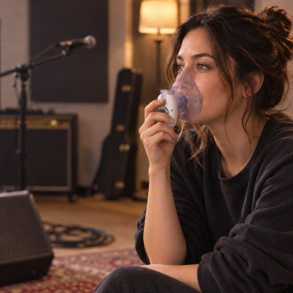 Singer using the quiet nebulizer in a rehearsal space