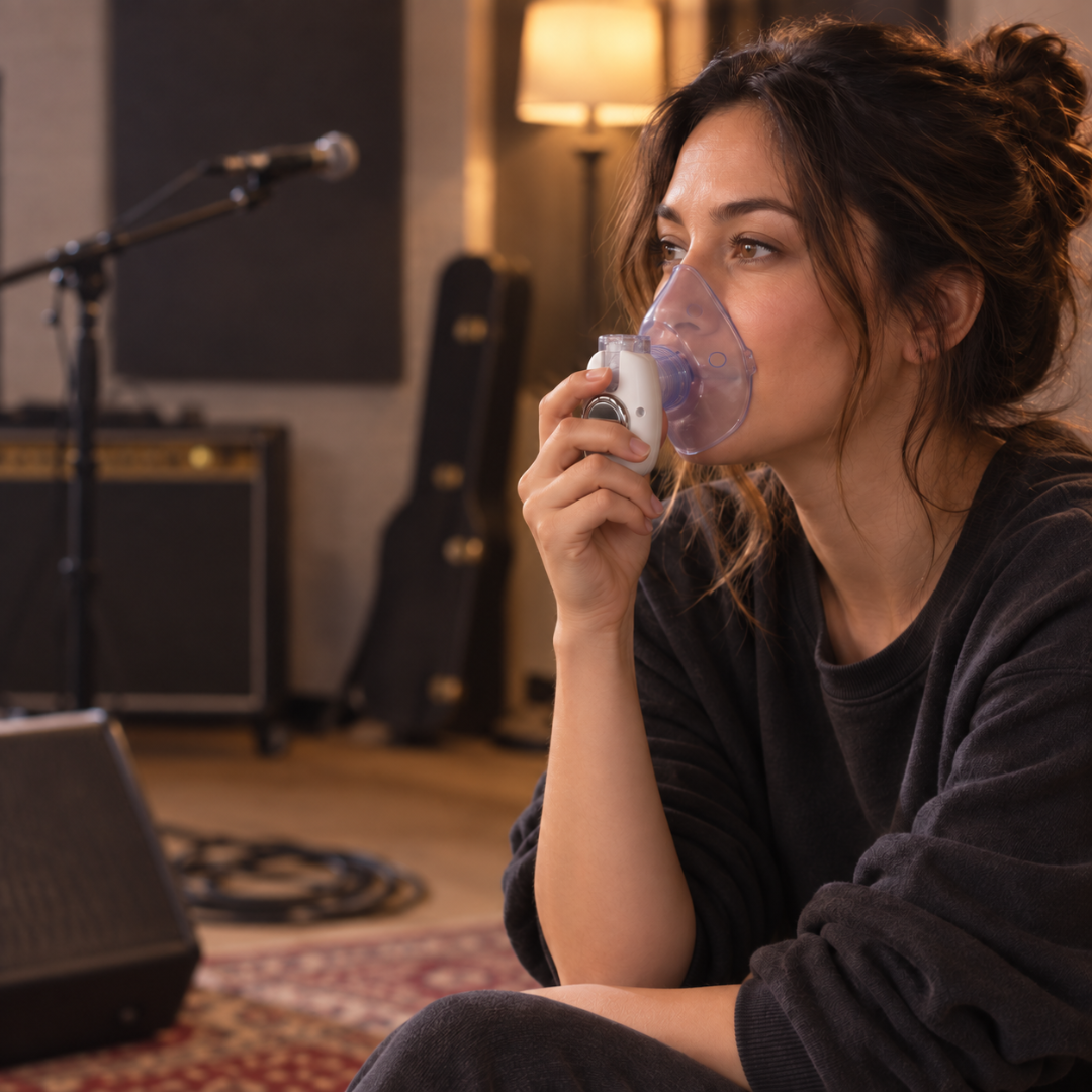 Singer using the quiet nebulizer in a rehearsal space