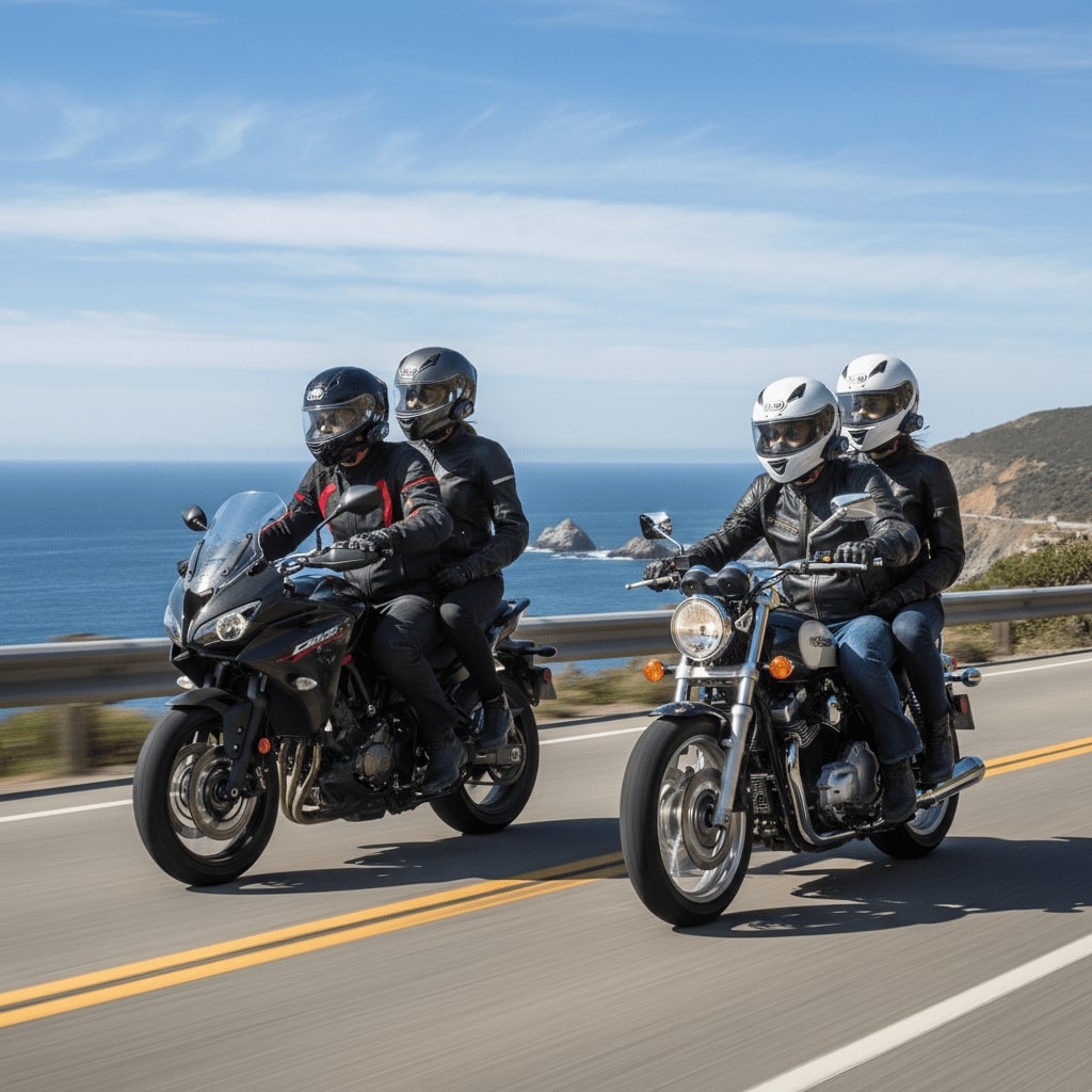 Two motorcycles with riders and passengers on a coastal road