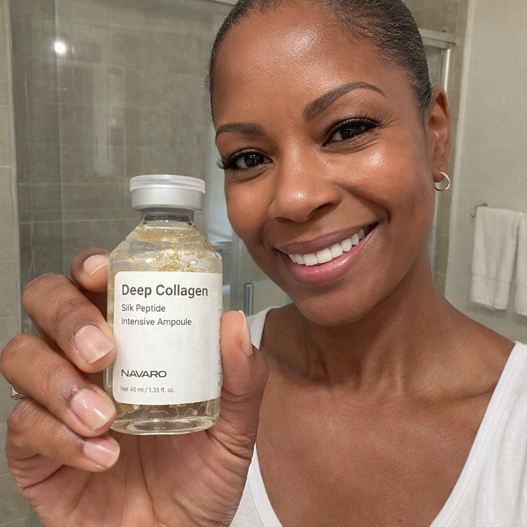 Smiling woman holding the collagen peptide ampoule in her bathroom