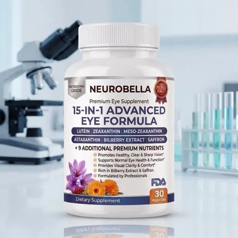 Bottle of the 15-in-1 eye formula capsules on a laboratory counter