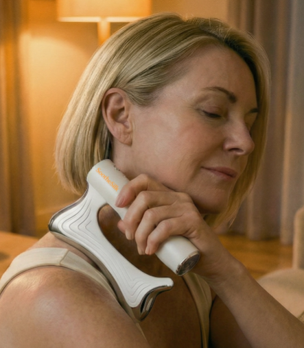 Woman relaxing with the massager on her neck and shoulder
