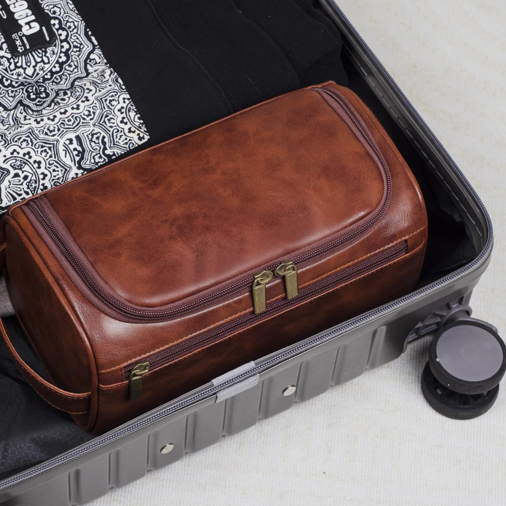 Borsa da toilette di lusso VoyageNest in pelle con fodera impermeabile e cerniere YKK