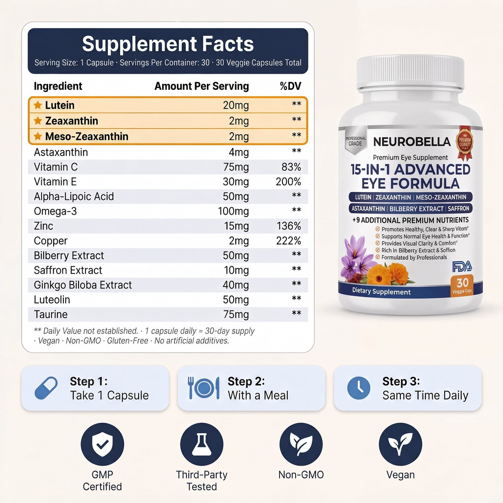 תוסף לתמיכה בבריאות העיניים – לוטאין 20 mg, זאקסנטין ומזו-זאקסנטין, 30 כמוסות
