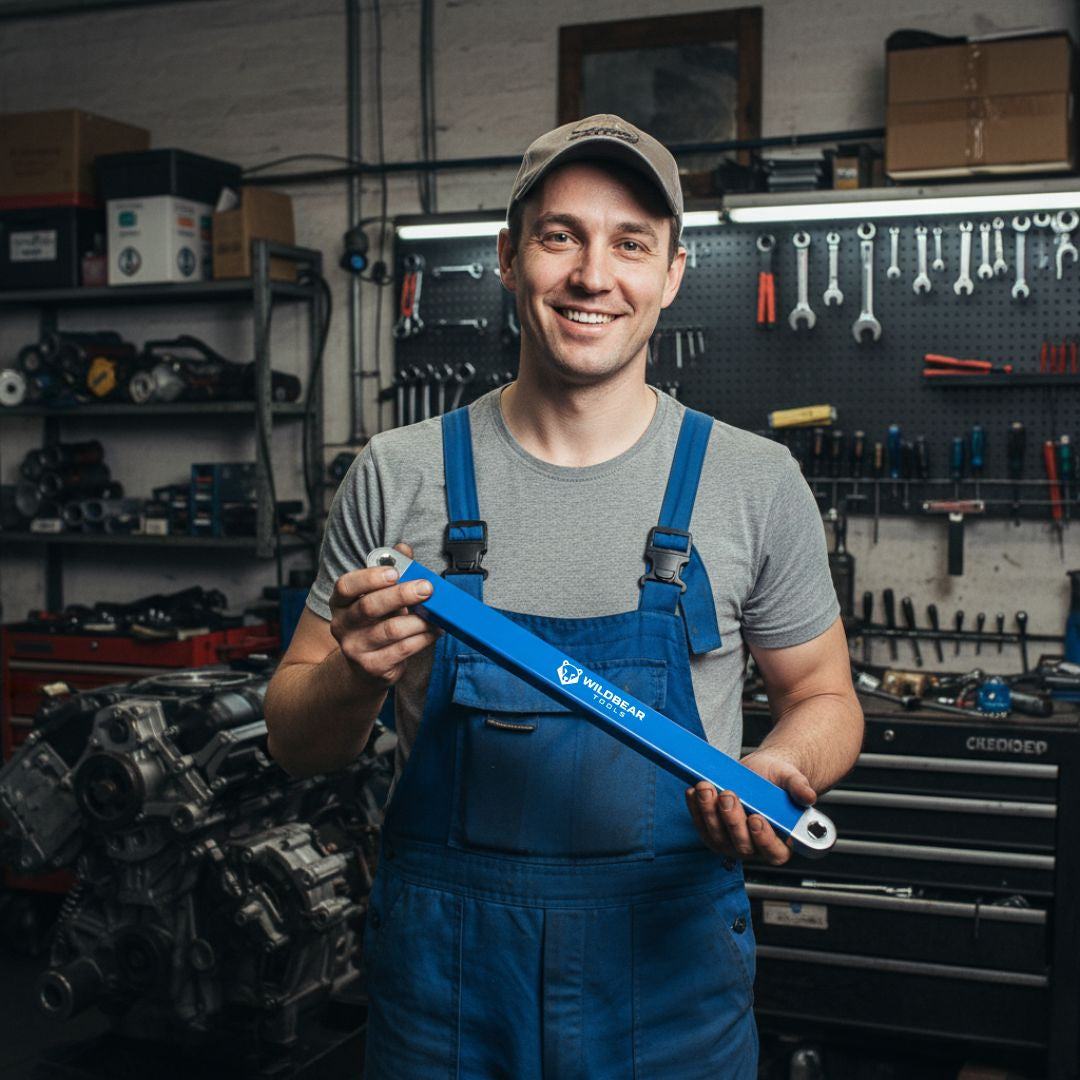 Mechanic holding the offset extension in a workshop
