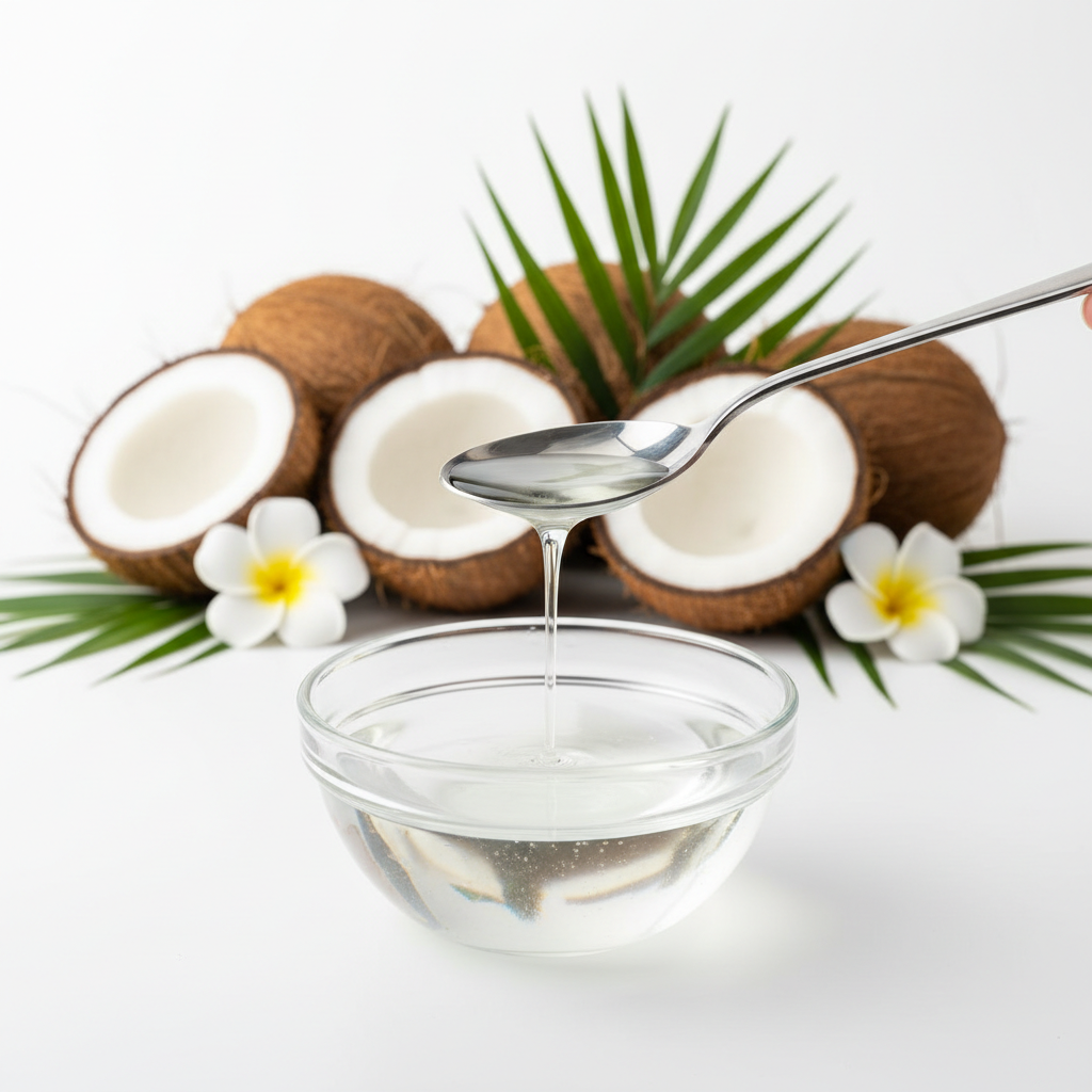 Fresh coconut halves and a bowl of coconut oil