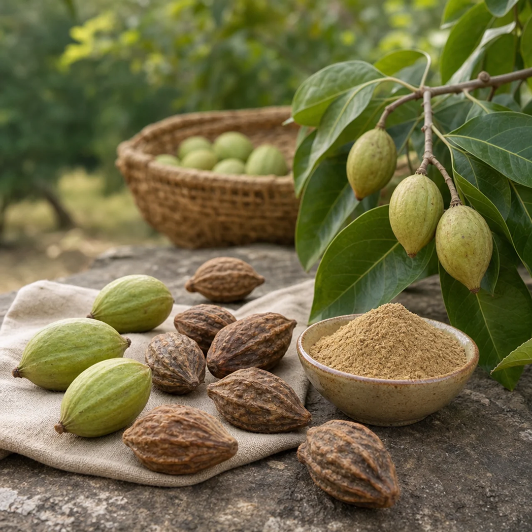 Fresh and dried haritaki fruits with a bowl of haritaki powder