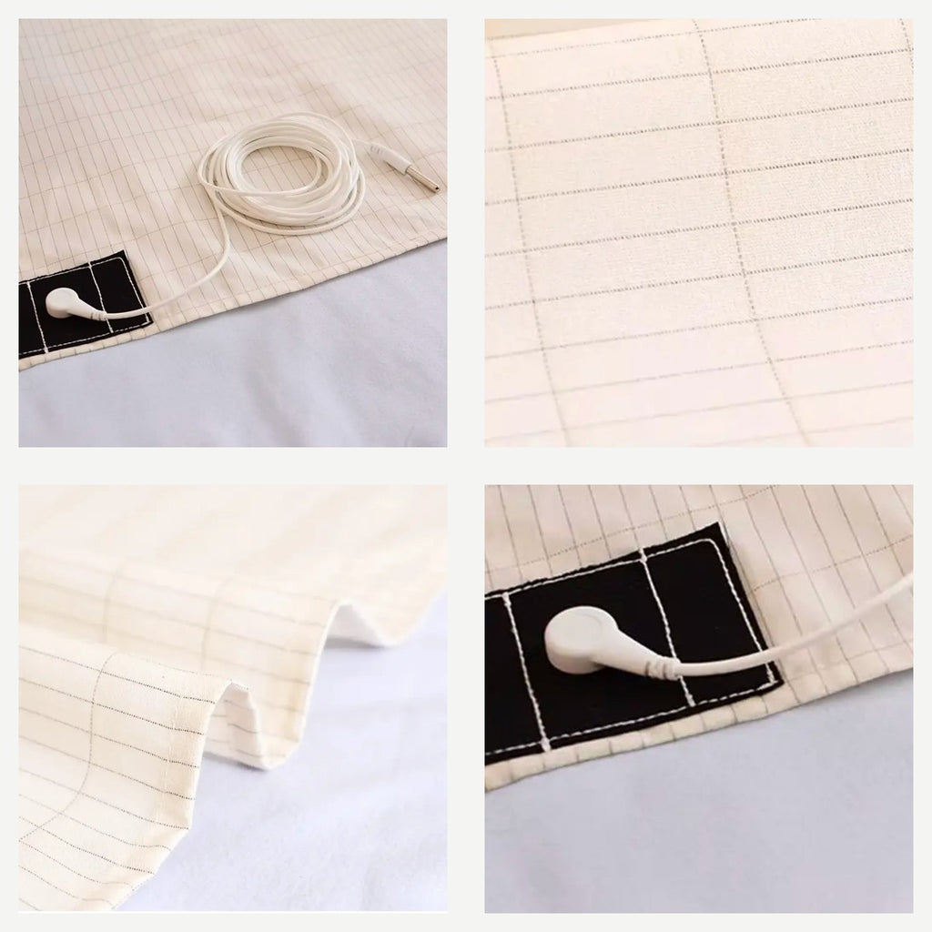 Grounding sheet with cord, fabric grid and snap connector details