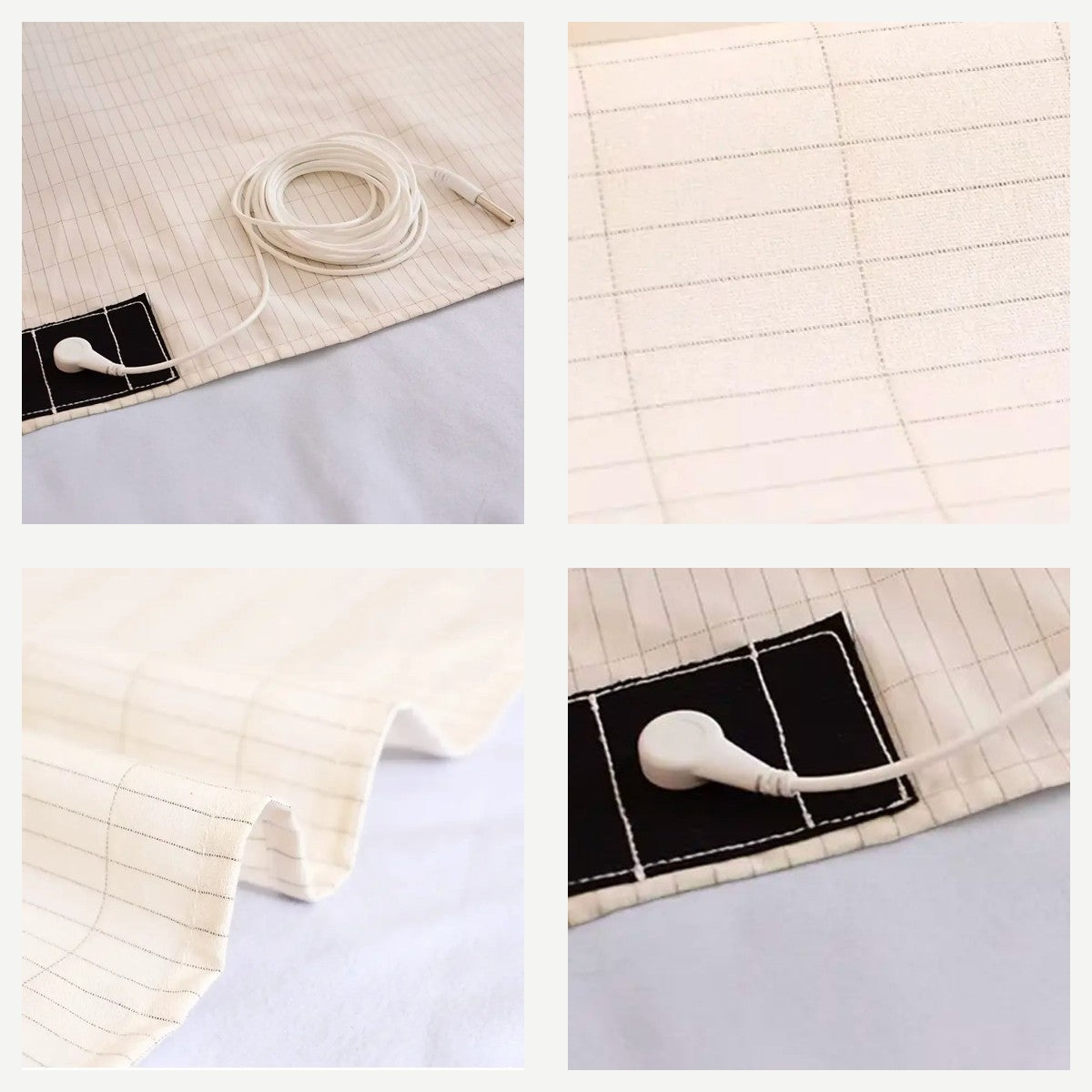 Grounding sheet with cord, fabric grid and snap connector details