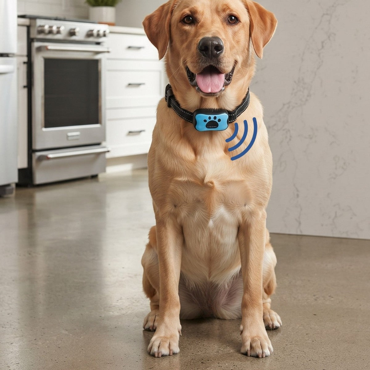 Labrador wearing the vibration bark collar in the kitchen