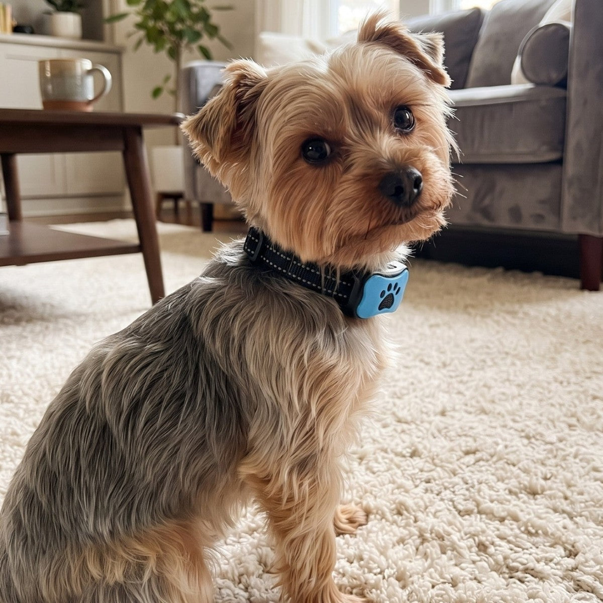 Small Yorkshire terrier wearing the no-shock bark collar at home