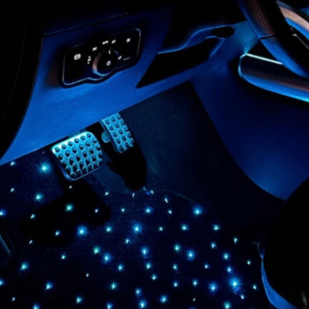 Close-up of the starlight effect on the LED car floor mat