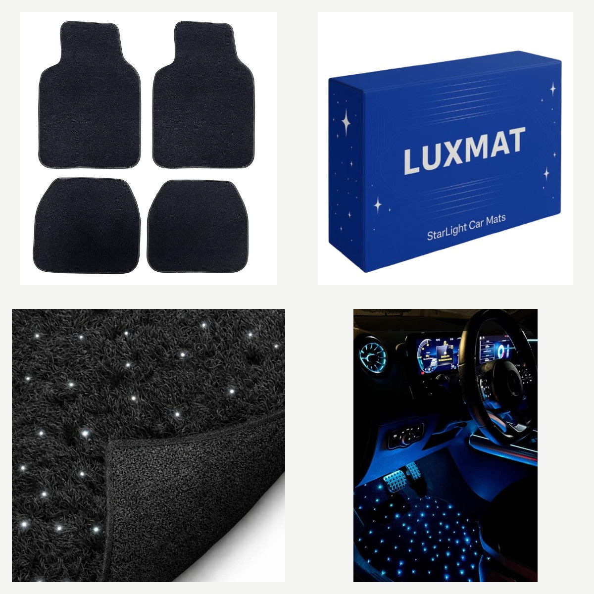 LED star car floor mats set, box, mat texture and lit in car