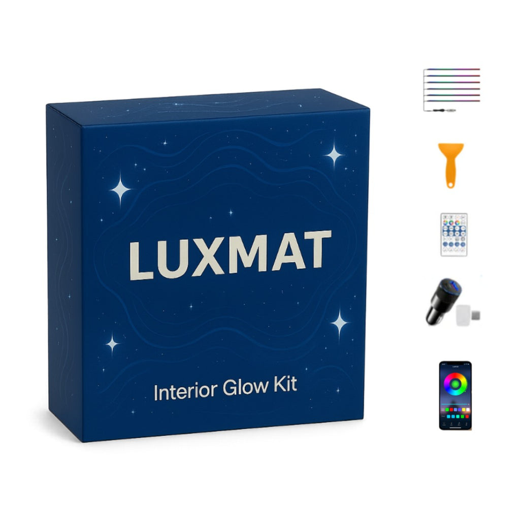 Interior Glow Kit box with LED strips, install tool, controller, car adapter and app