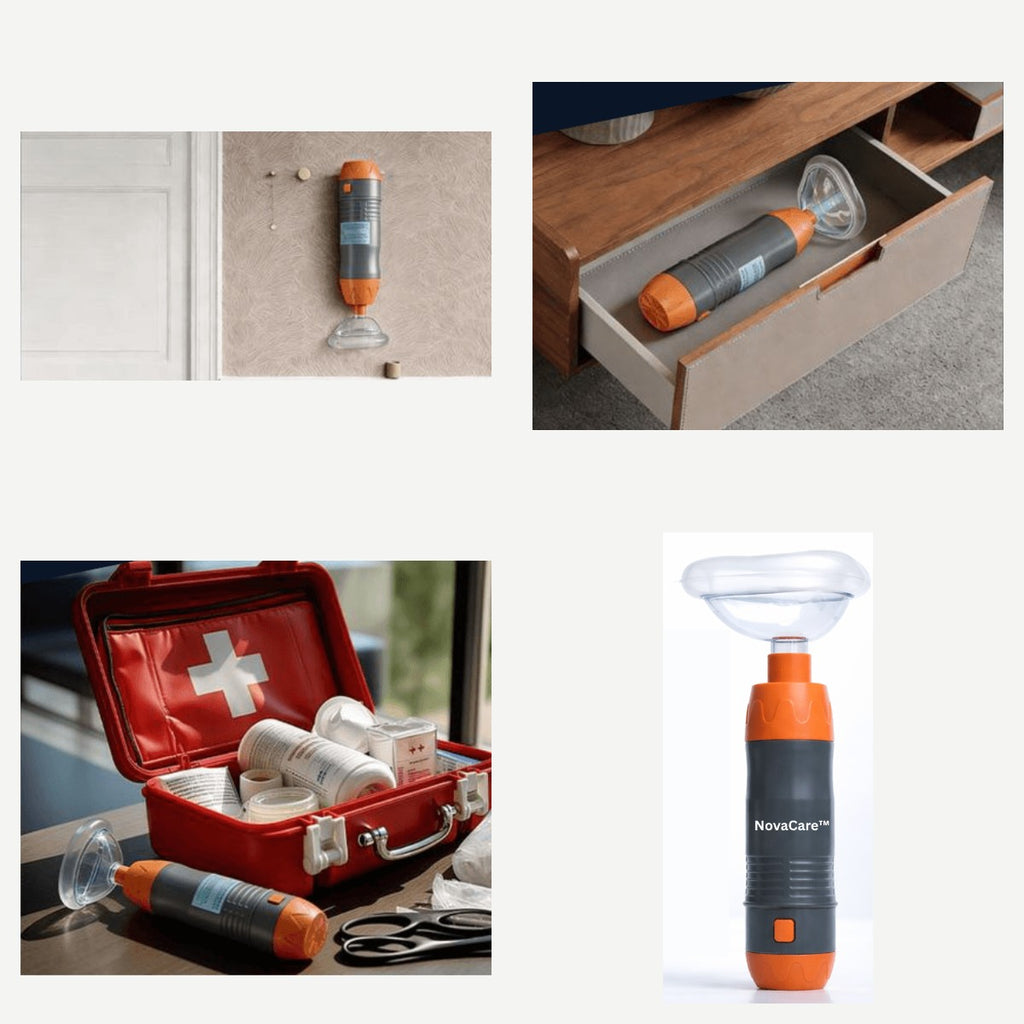 Anti-choking device stored on a wall, in a drawer and in a first aid kit
