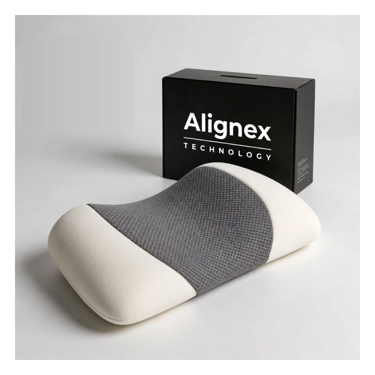 Contoured memory foam lumbar support pillow with grey knit cover and its box