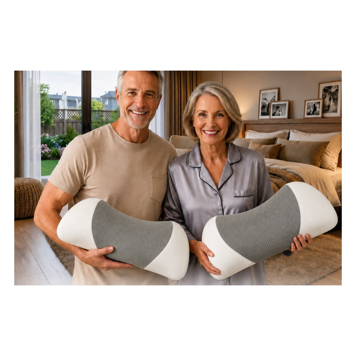 Couple holding two lumbar support pillows in a bedroom