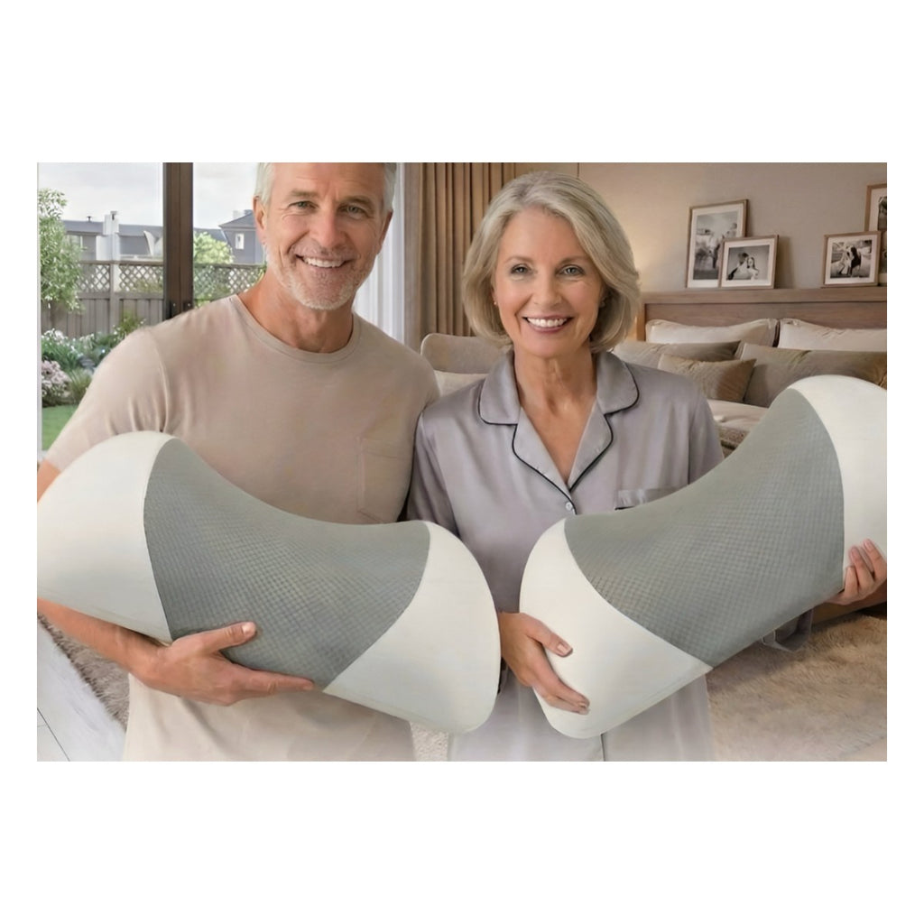 Couple holding their lumbar support pillows in the bedroom