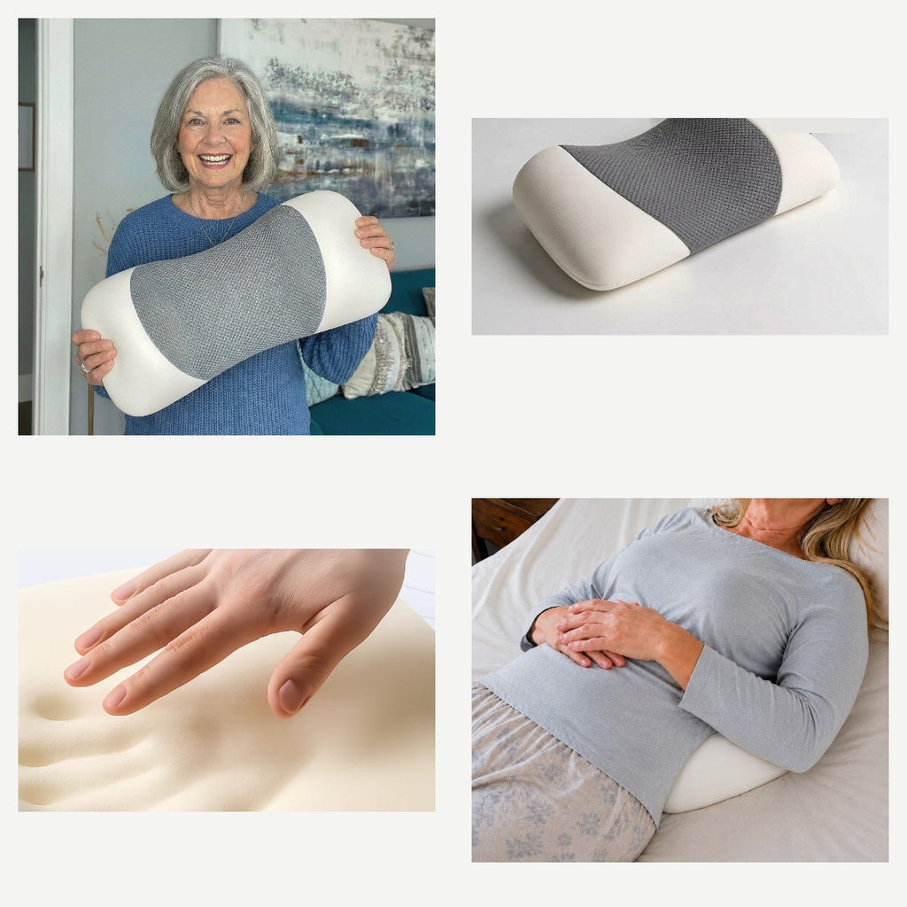 Lumbar pillow: held, close-up, memory foam and in use