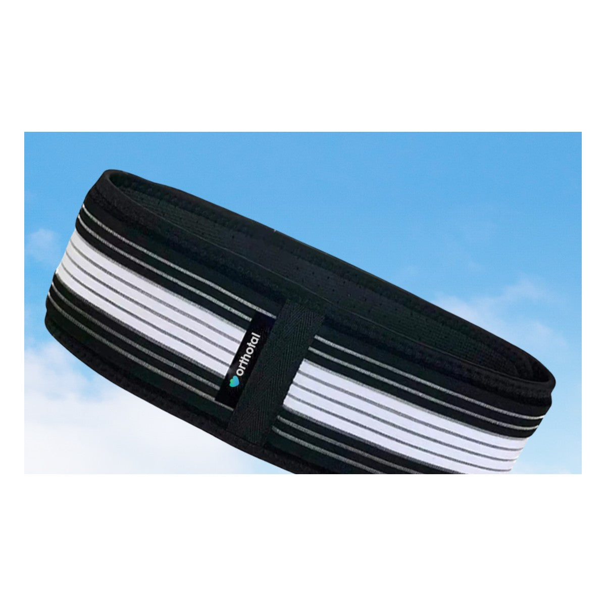 Sacroiliac hip belt with black and white elastic compression bands