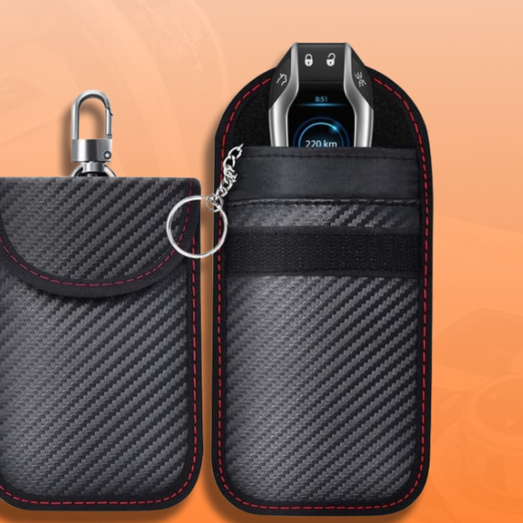 Two signal blocking key pouches with keyring clip, front view