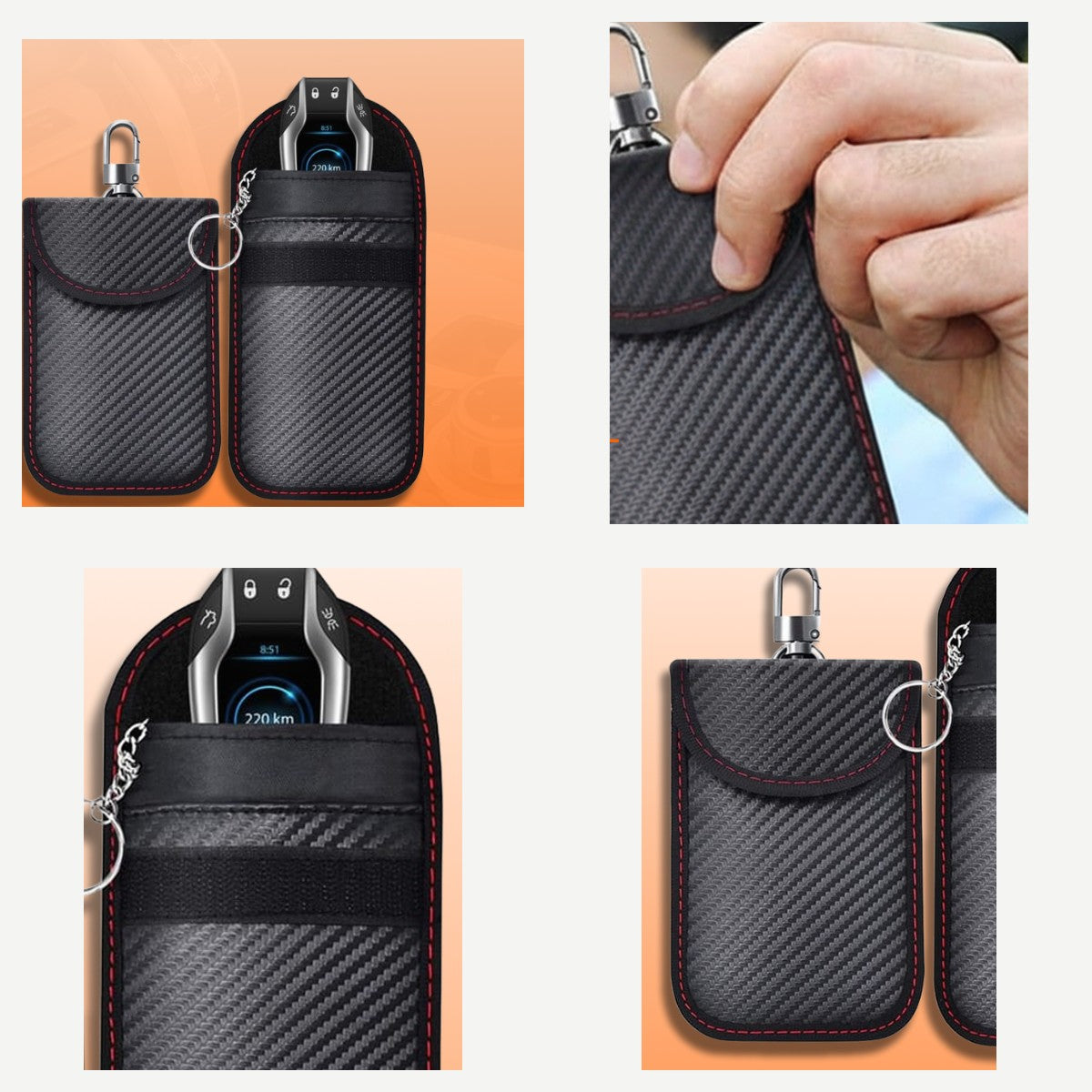 Faraday key pouch: pair, in hand, key inside, closed pouch