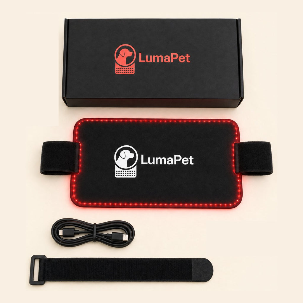 Cordless red light therapy pad for pets with box, charging cable and strap