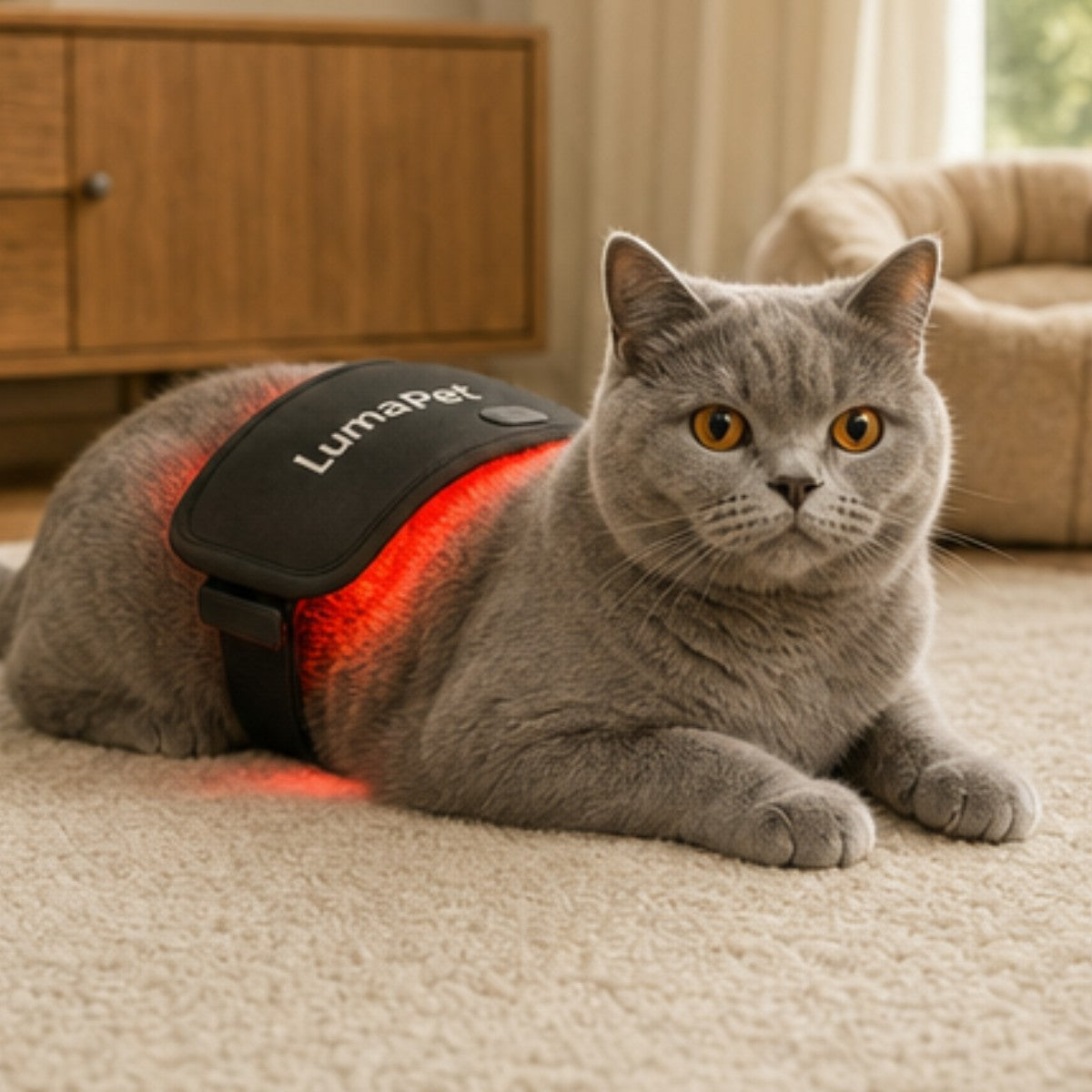 Cat lying on a rug wearing the cordless light pad