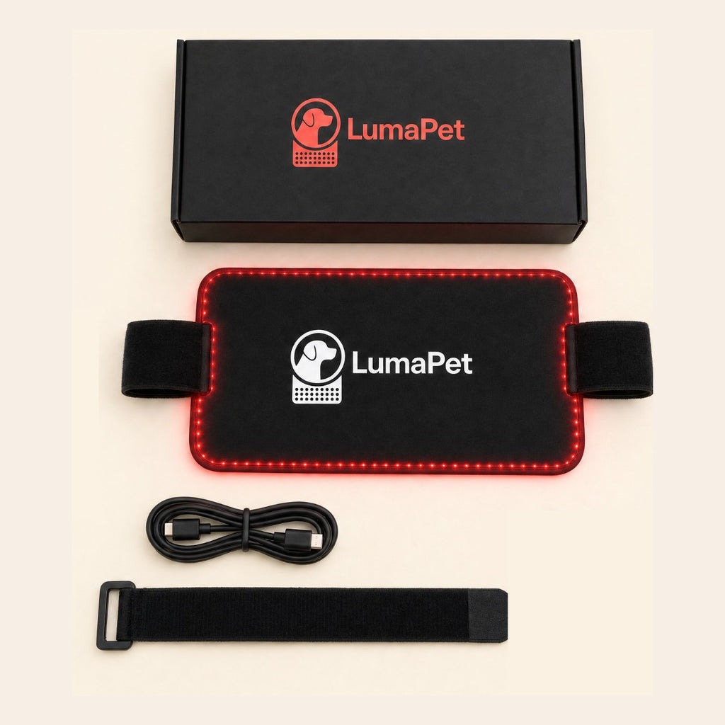 Red light therapy leg wrap for dogs with box, charging cable and strap