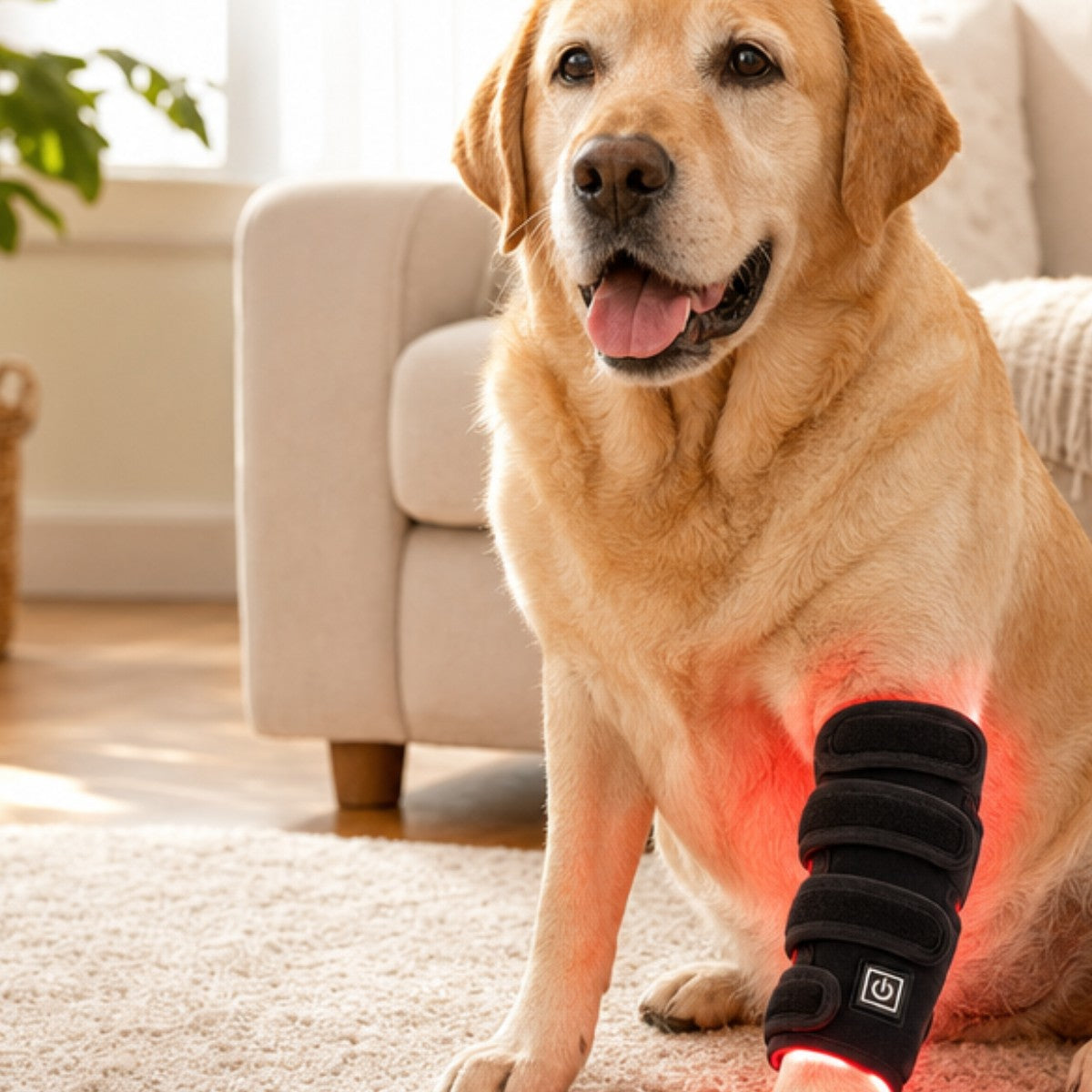 Labrador wearing the red light therapy wrap on its front leg