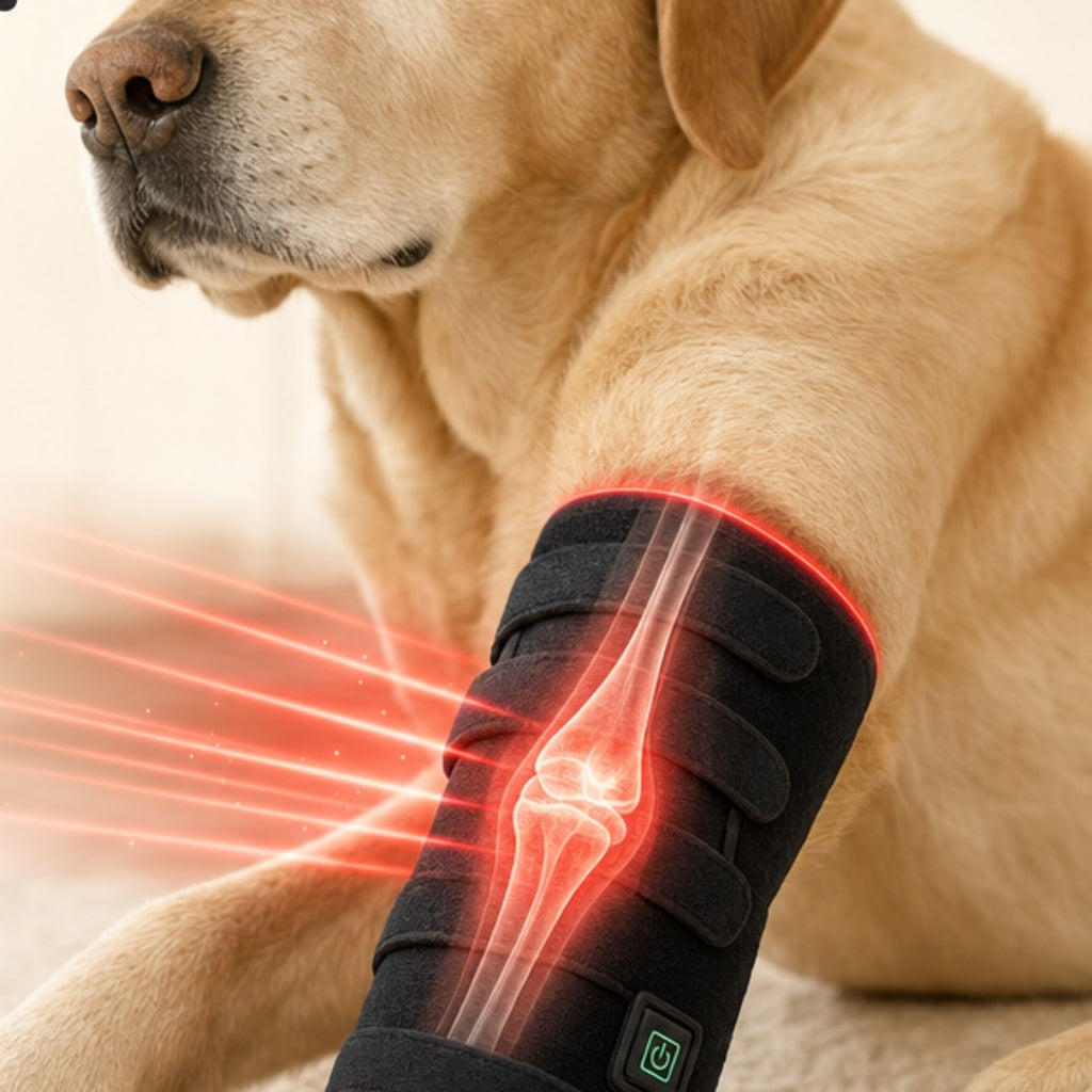 Dog wearing the red light therapy leg wrap