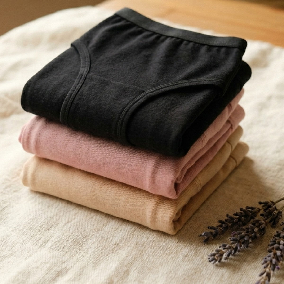 Stack of leakproof period underwear in black, pink and beige