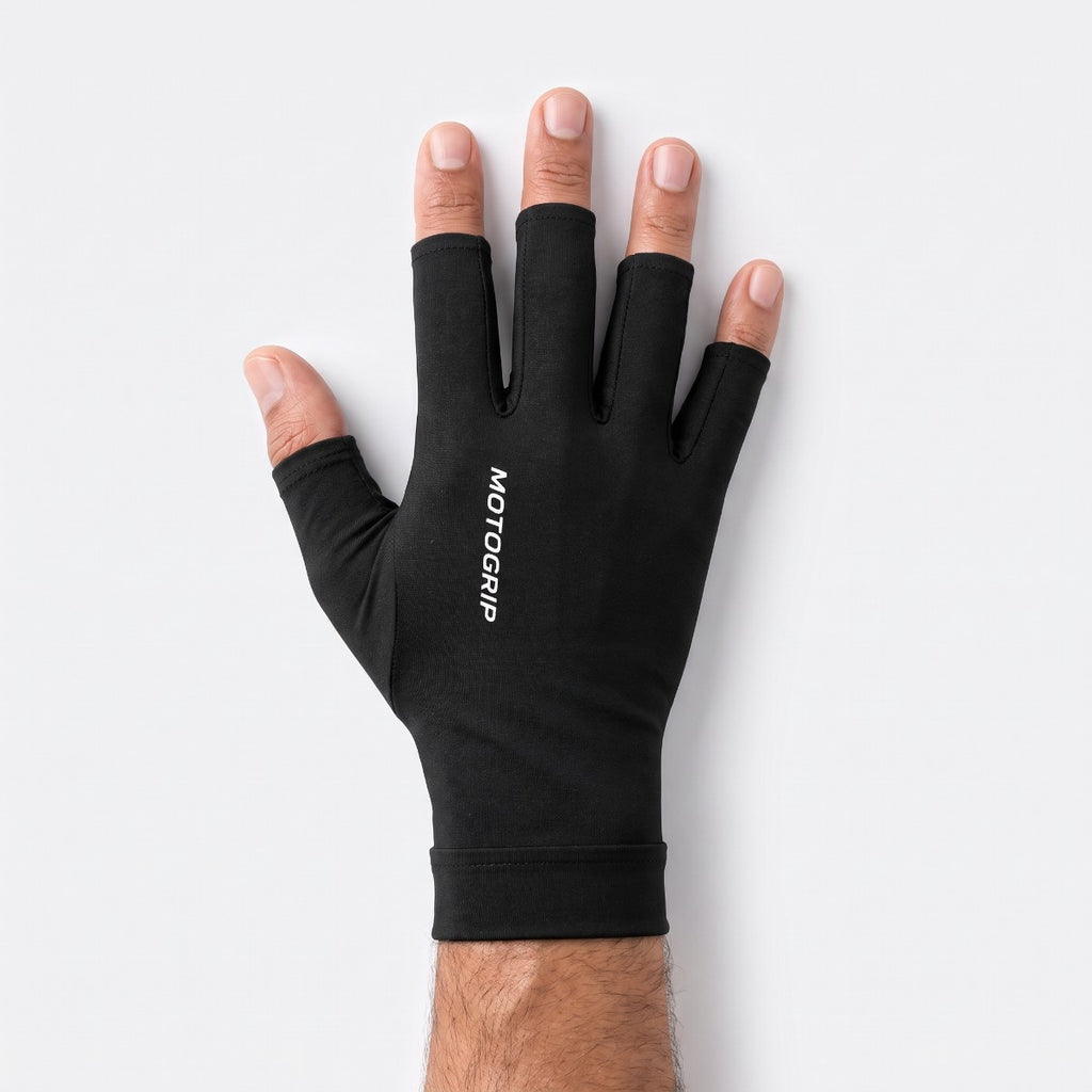 Fingerless compression liner worn on a hand, open fingertips
