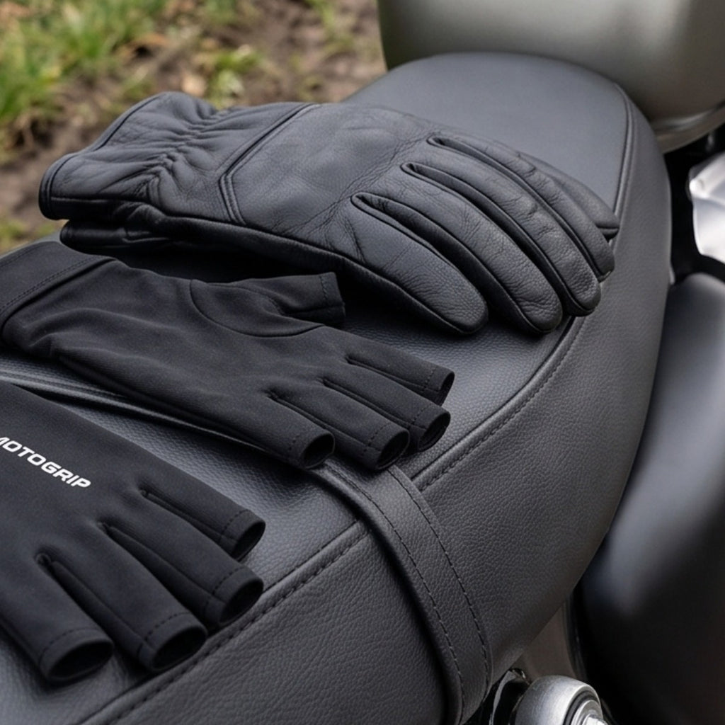 Pair of riding liners resting on a motorcycle seat