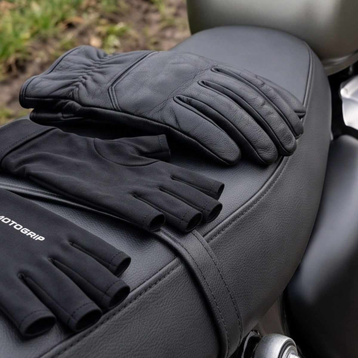 Pair of riding liners resting on a motorcycle seat