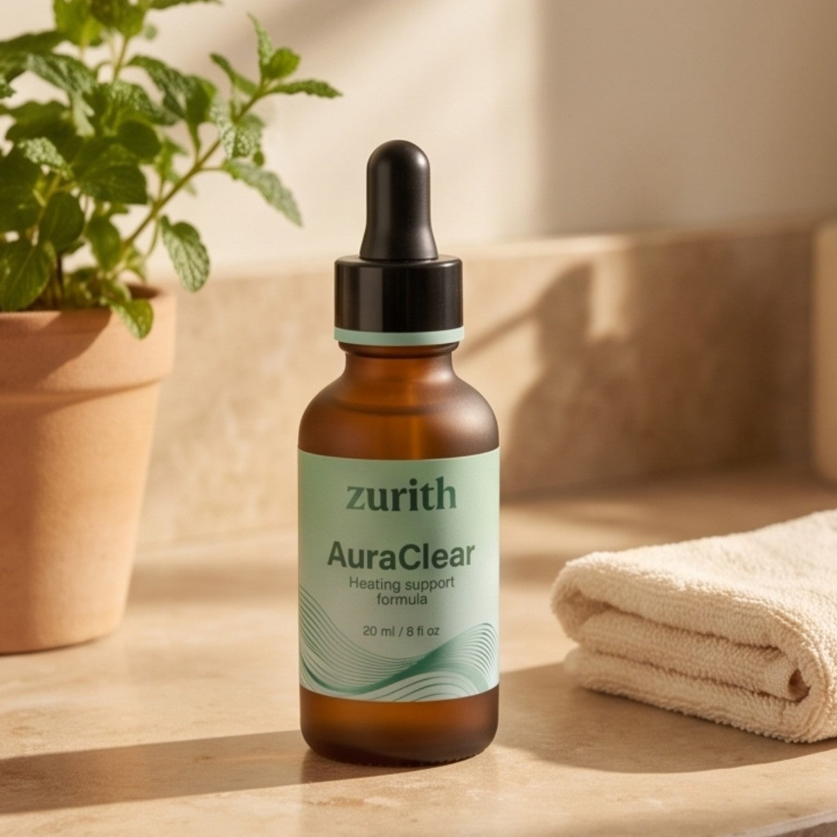 AuraClear ear drops bottle on a bathroom shelf with a towel