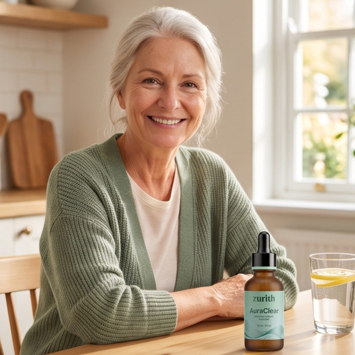 Smiling woman at a table with the ear drops bottle