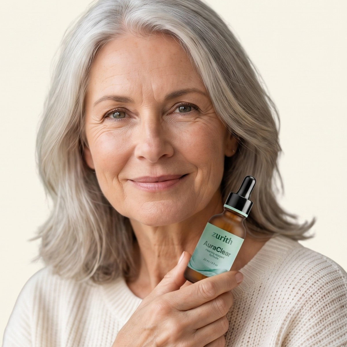 Woman holding the AuraClear ear drops bottle