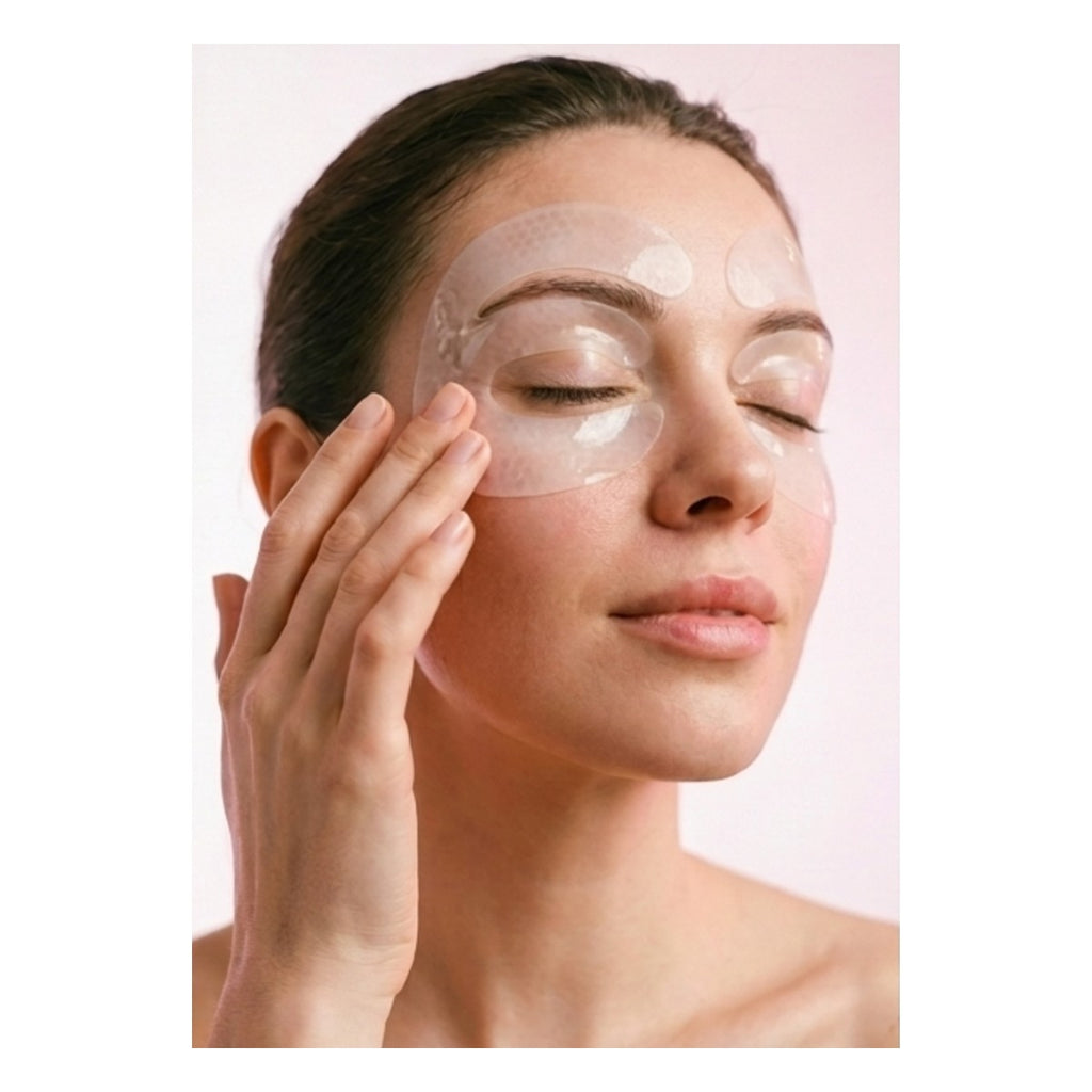 Woman applying the collagen eye mask under the eyes