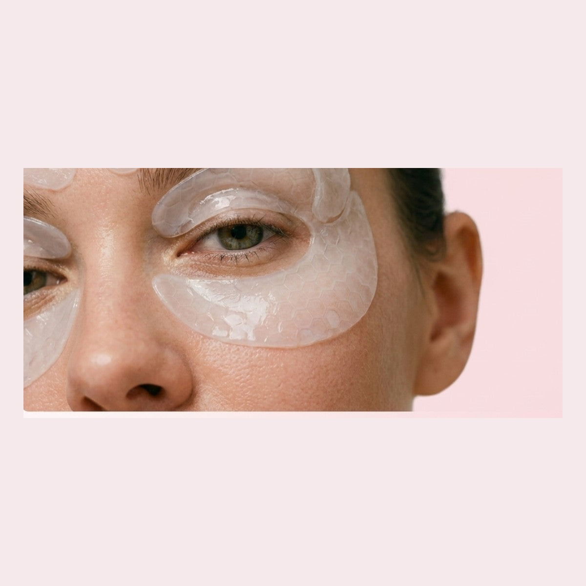 Close-up of the peptide eye mask worn under the eyes