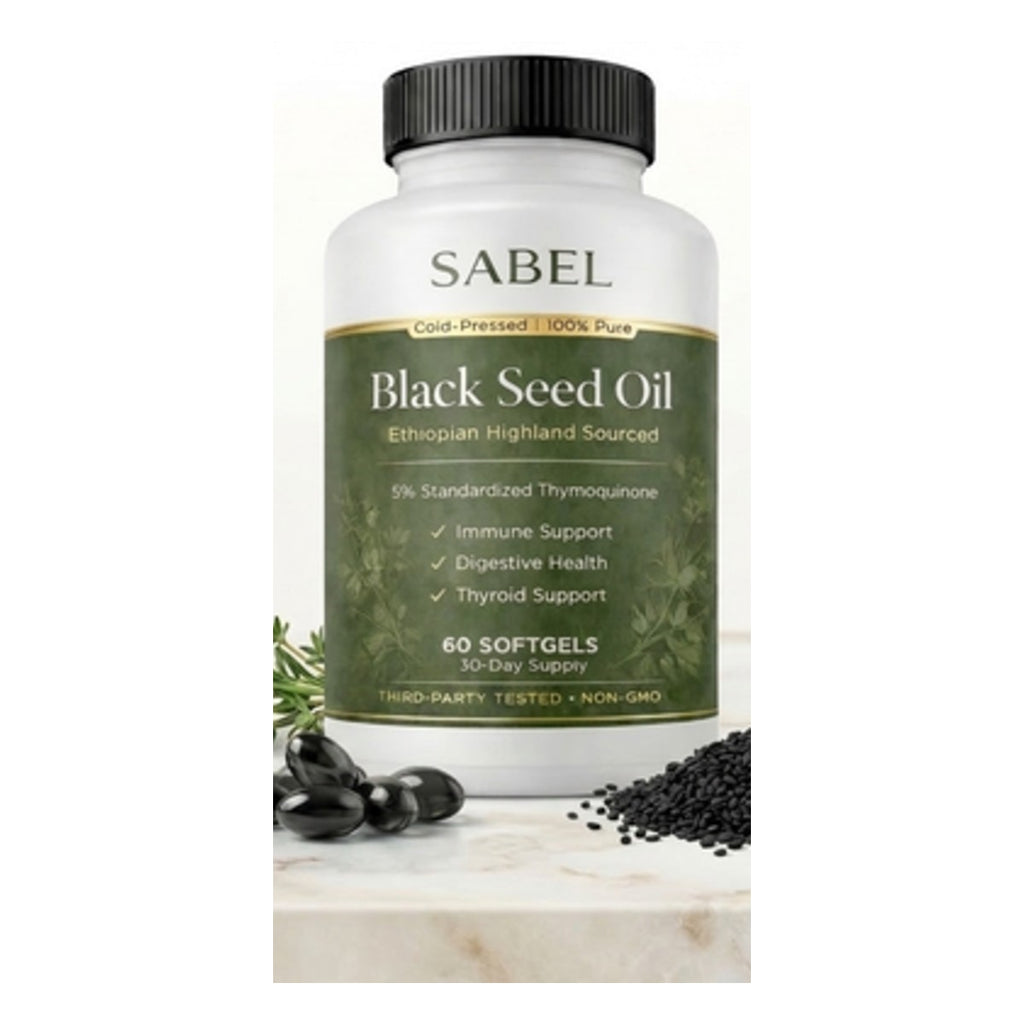 Black seed oil softgels bottle with black cumin seeds and softgels