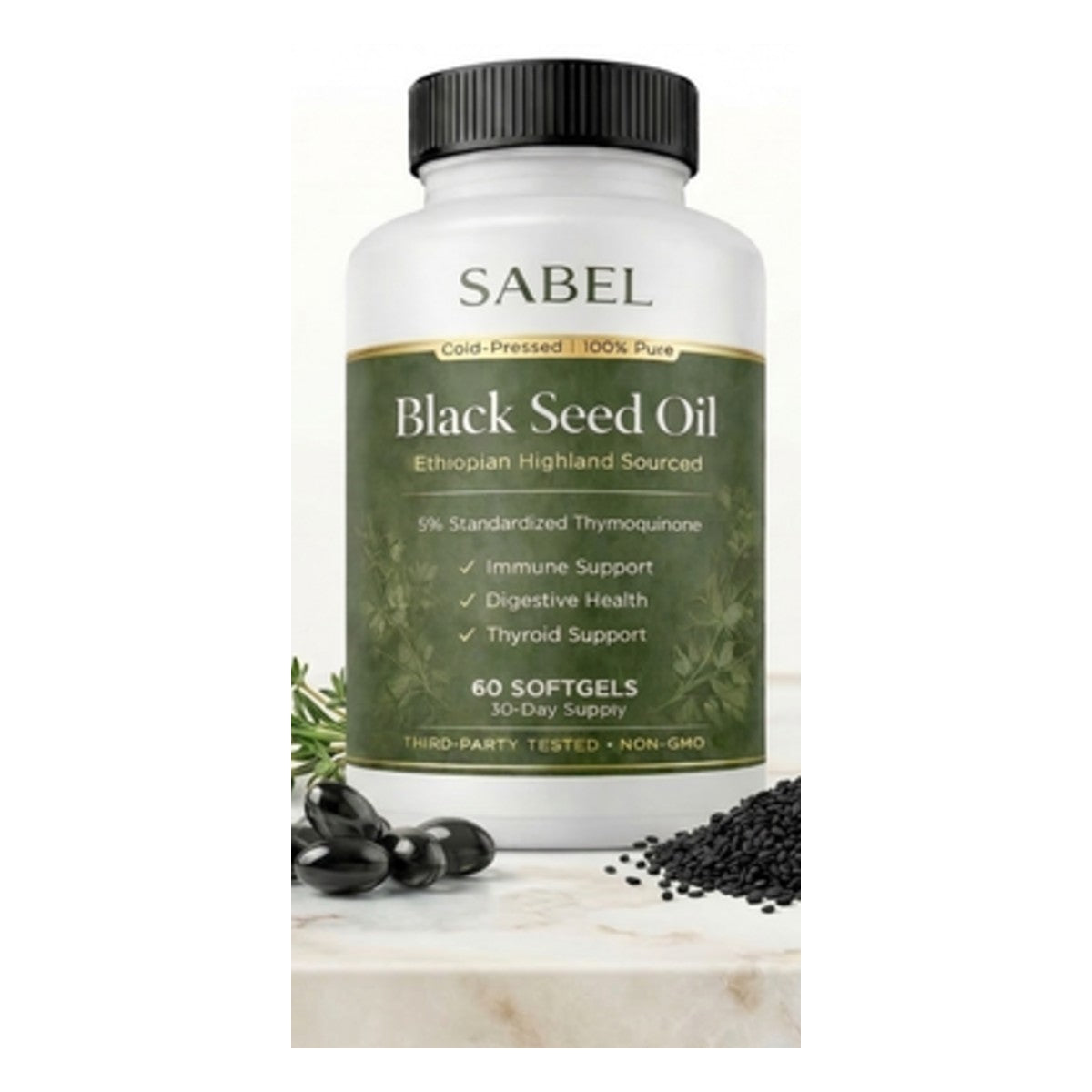 Black seed oil softgels bottle with black cumin seeds and softgels