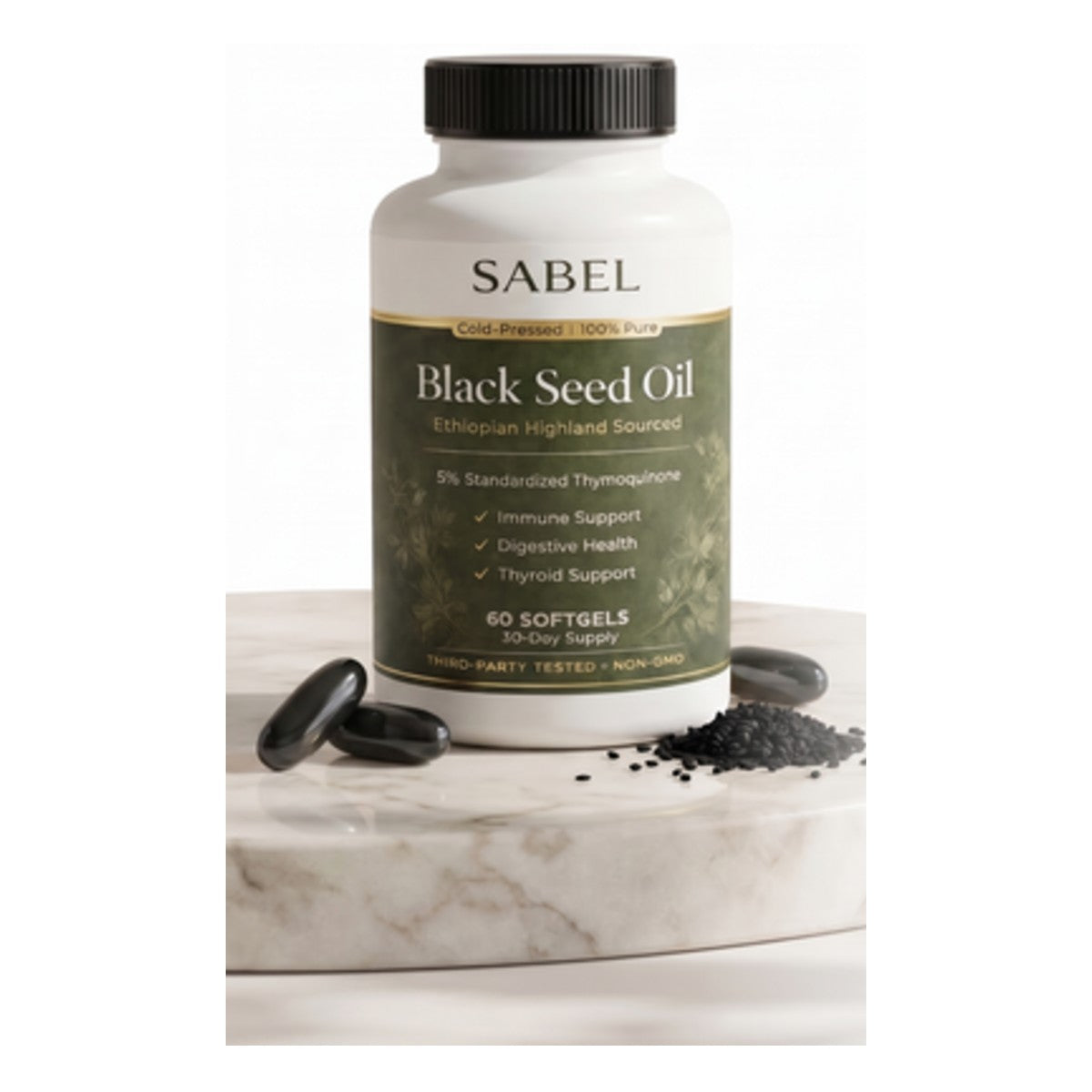 Black seed oil softgels bottle on marble