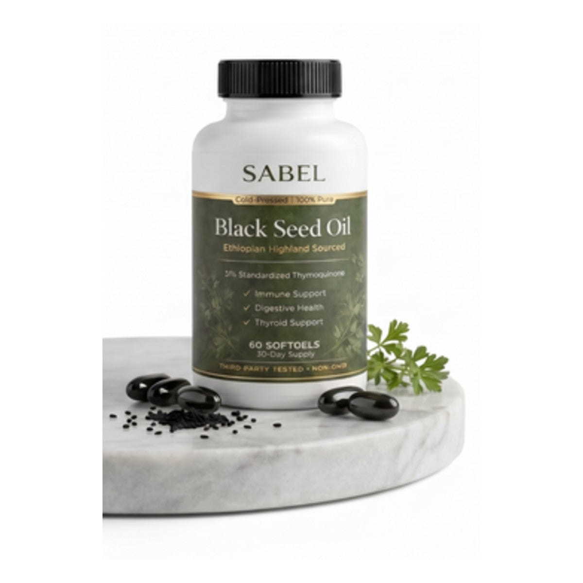 Black seed oil bottle on a marble plate with softgels and seeds